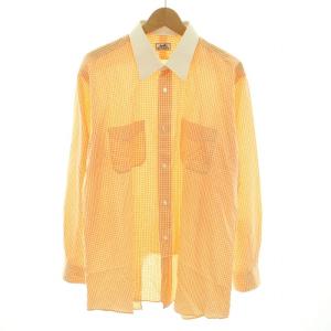クレリックシャツ 長袖 チェック柄 ロゴボタン 44 XL オレンジ 白 ホワイト