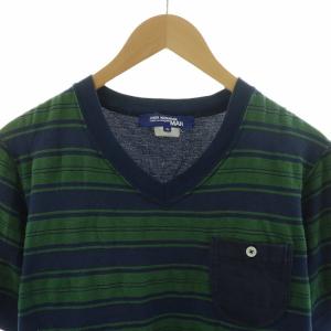 JUNYA WATANABE MAN Tシャツ カットソー 半袖 ボーダー Vネック プルオーバー S 紺 ネイビー 緑 グリーン