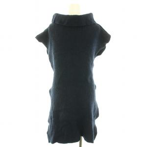 ISSEY MIYAKE ニット セーター タートルネック ノースリーブ チュニック丈 リボン ウール 2 M 紺 ネイビー