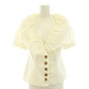 シャツ ブラウス Vネック 半袖 フリル リボン タグ付き 麻 リネン混 38 S 白 ホワイト /YT
