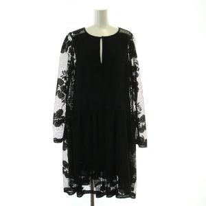 フレアワンピース ギャザー ひざ丈 長袖 メッシュ 38 M 黒 ブラック /BB