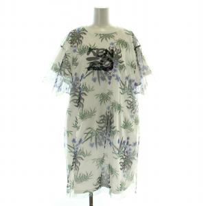 チュールワンピース Tシャツ カットソー ミニ丈 半袖 クルーネック ロゴ 花柄 M 白 ホワイト 青