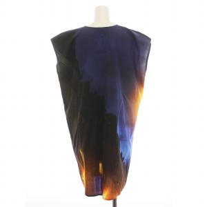 agnes b. ワンピース ひざ丈 フレンチスリーブ Vネック フォトグラフ プリント 3 L マルチカラー