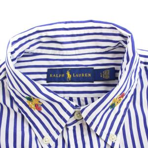 RALPH LAUREN ボタンダウンシャツ カジュアルシャツ 長袖 ストライプ 総柄刺繍 コットン L 白 ホワイト 青 ブルー