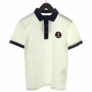 ポロシャツ カットソー 半袖 レギュラーカラー 切替 ワッペン 鹿の子 S 白 ホワイト 紺 ネイビー