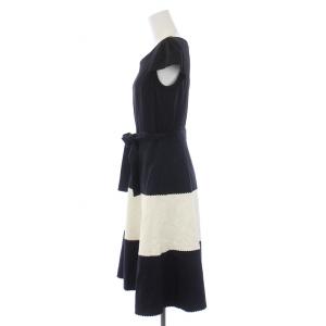 M'S GRACY ワンピース 半袖 ひざ丈 切替 花 ウエストリボン リネン 40 L 黒 ブラック 白 ホワイト FN-721318