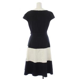 M'S GRACY ワンピース 半袖 ひざ丈 切替 花 ウエストリボン リネン 40 L 黒 ブラック 白 ホワイト FN-721318