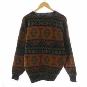 BARNEYS NEW YORK ニット セーター 長袖 ネイティブ プルオーバー クルーネック L オレンジ 黒 ブラック