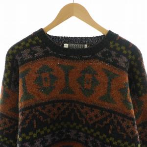 BARNEYS NEW YORK ニット セーター 長袖 ネイティブ プルオーバー クルーネック L オレンジ 黒 ブラック
