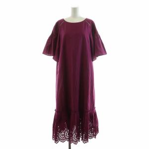 Leilian ワンピース ミモレ ロング 半袖 カットワーク 裾レース 袖フレア Iライン ノーカラー 9 M ボルドー