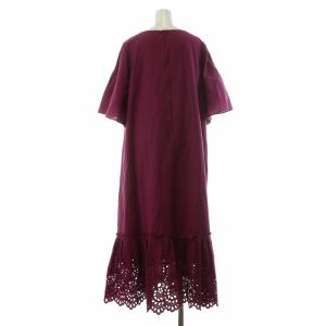 Leilian ワンピース ミモレ ロング 半袖 カットワーク 裾レース 袖フレア Iライン ノーカラー 9 M ボルドー