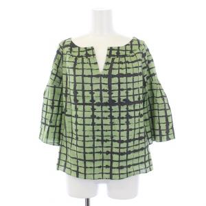 シャツ ブラウス 五分袖 スキッパーネック チェック柄 緑 グリーン /BM