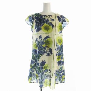 ワンピース チュニック ミニ シルク混 プルオーバー 半袖 花柄 M 青 ブルー /EE