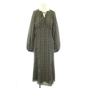 22SS パンジープリントワンピース ひざ丈 キーネック 長袖 小花柄 38 M 黒 ブラック ベージュ