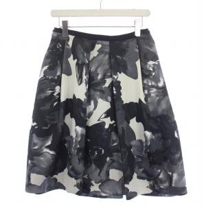 フレアスカート ひざ丈 総柄 38 M 白 ホワイト 黒 ブラック /BM