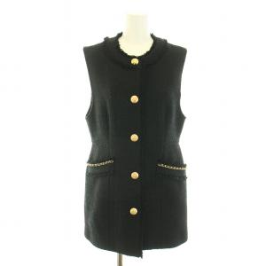 23SS ベスト ジレ 前開き フリンジ ツイード 金ボタン タグ付き ウール混 2 M 黒 ブラック