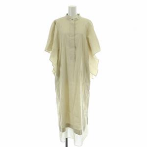 バイオ麻ワンピース ミモレ ロング 半袖 バンドカラー ストレッチ ストライプ柄 38 M ベージュ 531-3140503