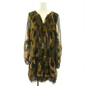 ワンピース ミニ  キーネック 長袖 カモフラ柄 迷彩柄 フリル 絹 シルク 6 S カーキ 黒 ブラック