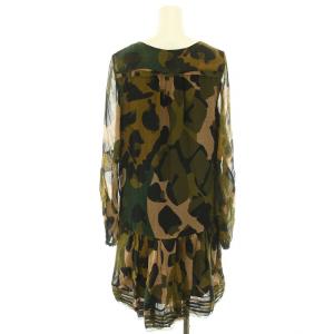 DIANE von FURSTENBERG ワンピース ミニ  キーネック 長袖 カモフラ柄 迷彩柄 フリル 絹 シルク 6 S カーキ 黒 ブラック