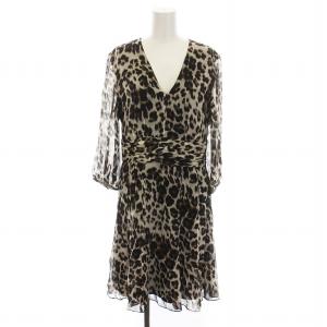 シアー ワンピース ひざ丈 Vネック ヒョウ柄 レオパード 七分袖 8 M 茶 ブラウン 黒 ベージュ