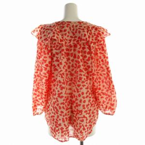 DIANE von FURSTENBERG シャツ ブラウス カットソー 総柄 フリル リボン スキッパー 七分袖 12 XL 赤 レッド ベージュ