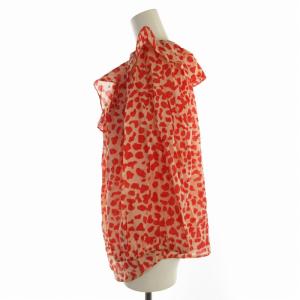 DIANE von FURSTENBERG シャツ ブラウス カットソー 総柄 フリル リボン スキッパー 七分袖 12 XL 赤 レッド ベージュ
