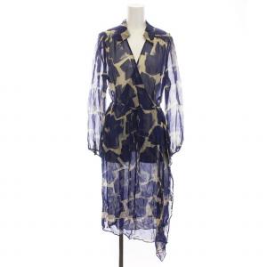シアー ラップワンピース ロング 総柄 シースルー 長袖 10 L XL 青 ブルー グレージュ /YM