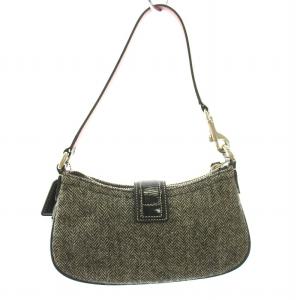 COACH ポーチ 化粧ポーチ ハンドバッグ ミニバッグ ツイード レザー ロゴプレートチャーム 黒 ブラック グレー 1406