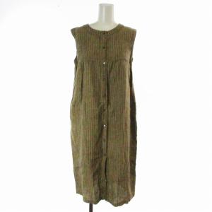 ワンピース ロング ストライプ 総柄 ノースリーブ リネン 茶 ブラウン /MM