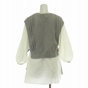 BLUE LABEL CRESTBRIDGE アンサンブル ニットベスト ショート丈 プルオーバー クルーネック フレアシャツ ブラウス 七分袖 無地 38 M 白 ホワイト