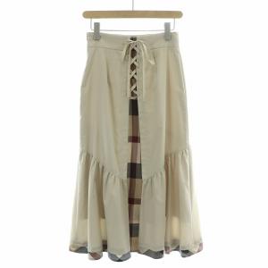BLUE LABEL CRESTBRIDGE フレアスカート ミモレ ロング 切替 リボン チェック柄 36 S ベージュ