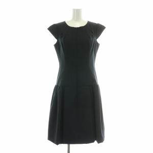 フレアワンピース ギャザー ひざ丈 半袖 ストレッチ フロントファスナー F 紺 ネイビー /BB