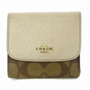 COACH 二つ折り財布 小銭入れあり ミニウォレット シグネチャー 総柄 レザー スクエア型 ベージュ /MM