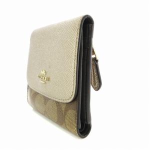 COACH 二つ折り財布 小銭入れあり ミニウォレット シグネチャー 総柄 レザー スクエア型 ベージュ /MM