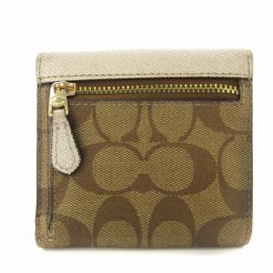 COACH 二つ折り財布 小銭入れあり ミニウォレット シグネチャー 総柄 レザー スクエア型 ベージュ /MM