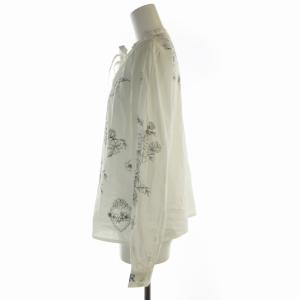 agnes b. タグ付き シャツ ブラウス 花モチーフ プリント バンドカラー リボン 長袖 36 S 白 ホワイト 黒 ブラック