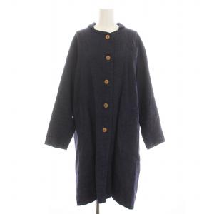 ロングコート ウール混 麻 リネン混 紺 ネイビー /KU