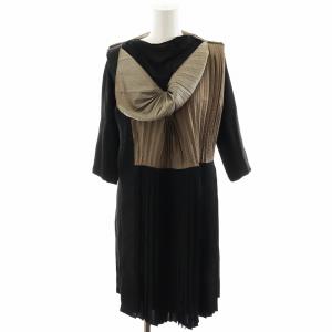 ワンピース 2点セット ミニ丈 7分袖 プリーツ 絹 シルク S 黒 ブラック 茶 ブラウン /AN14