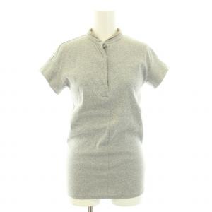 カットソー Tシャツ ヘンリーネック 半袖 リブ編み ビーズ 絹 シルク混 S グレー シルバー /YT