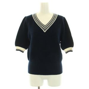 ニット セーター ワッフル生地 Vネック ライン ショート丈 半袖 38 L 紺 ネイビー