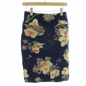 45rpm タイトスカート ひざ丈 サイドスリット ロゴ 刺繍 花柄 総柄 1 S 紺 ネイビー