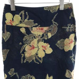 45rpm タイトスカート ひざ丈 サイドスリット ロゴ 刺繍 花柄 総柄 1 S 紺 ネイビー