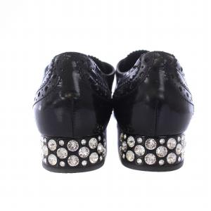 miumiu レースアップシューズ チャンキーヒール ビジュー装飾 エナメル 37 24cm 黒 ブラック