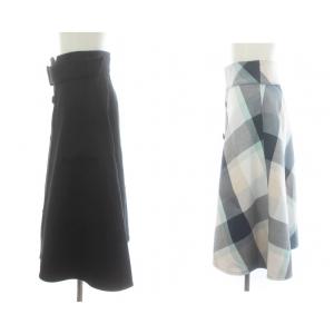 BLUE LABEL CRESTBRIDGE フレアスカート リバーシブル ミモレ ロング フロントボタン チェック コットン ベルト付き 38 M 紺 ネイビー 水色