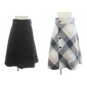 BLUE LABEL CRESTBRIDGE フレアスカート リバーシブル ミモレ ロング フロントボタン チェック コットン ベルト付き 38 M 紺 ネイビー 水色