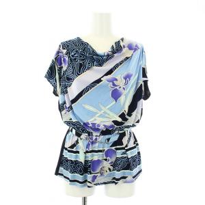 FASHION カットソー フレンチスリーブ ドレープ 総柄 ベルト付き 38 M 紺 ネイビー 水色