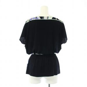 LEONARD FASHION カットソー フレンチスリーブ ドレープ 総柄 ベルト付き 38 M 紺 ネイビー 水色