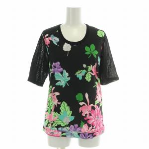 カットソー ニット 半袖 Uネック 切替 ストレッチ 花柄 40 L 黒 ブラック /BB