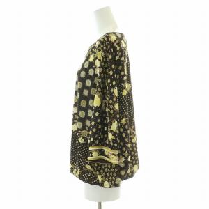 LEONARD FASHION カットソー ボートネック 七分袖 ドルマンスリーブ ストレッチ 総柄 1 S 茶 ブラウン 黄色 イエロー