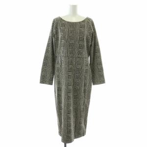 フレアワンピース ミモレ ロング 長袖 クルーネック ストレッチ 総柄 L ベージュ 黒 ブラック /BB